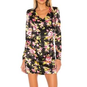 Likely Black Satin Pink Floral V-Neck Long Sleeve Dress Revolve